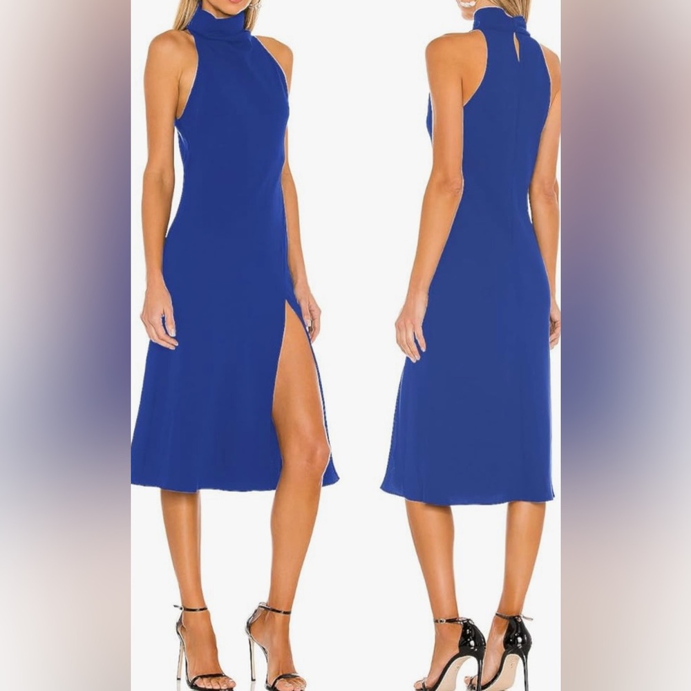 NWOT ALENDA DANMOS Sleeveless Bodycon Halter High Neck MidiDress Thigh High Slit